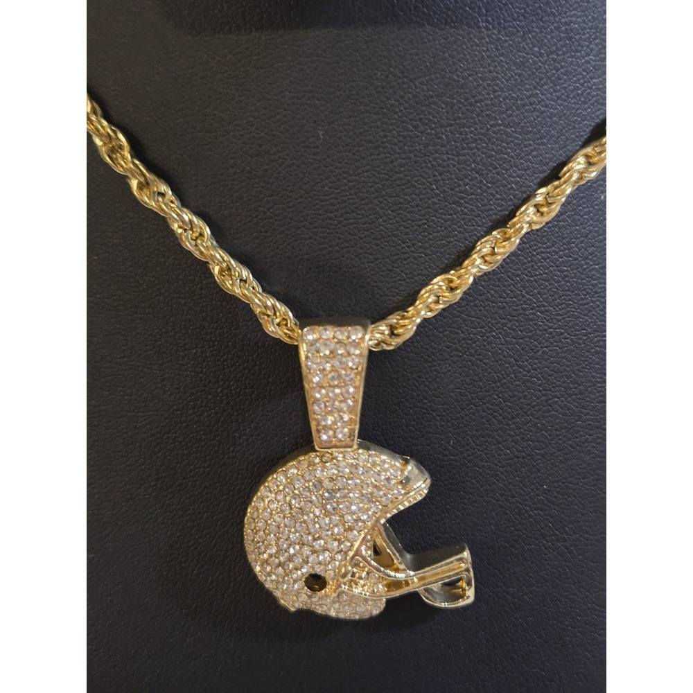 Iced Cz‎ 14k Gold Plated Football Player Helmet Pendant 24 Rope Chain Necklace - Picture 4 of 9